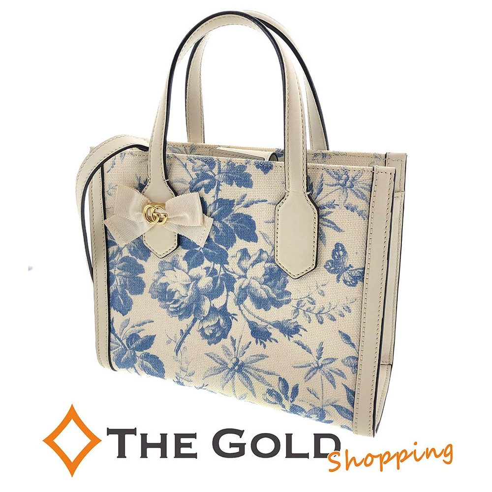 Gucci GG Ribbon Herbarium Bag Canvas Leather 2Way Crossbody Bag Ivory White Blue